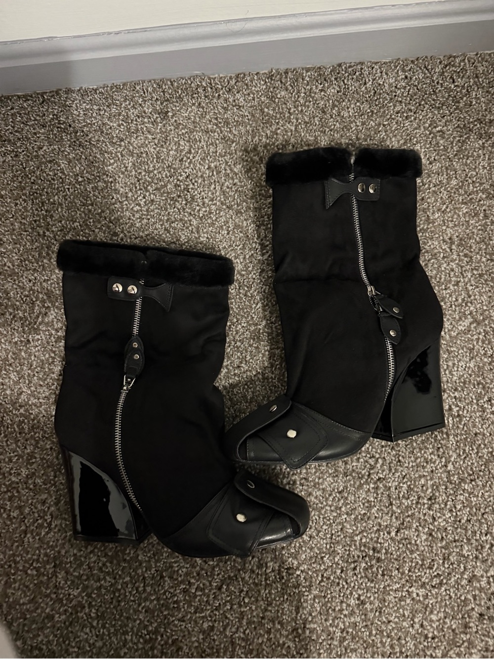 Black Fur-Trim Mid-Calf Heeled Boots - Women